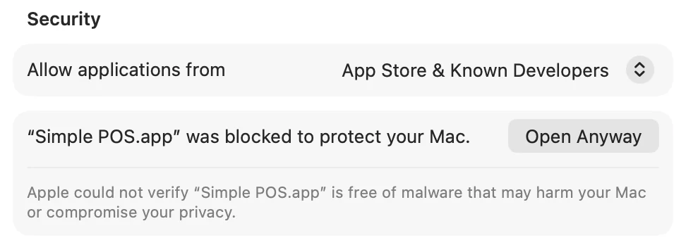 Privacy & Security सेटिंग्स: “Simple POS.app was blocked to protect your Mac”, साथ में Open Anyway बटन